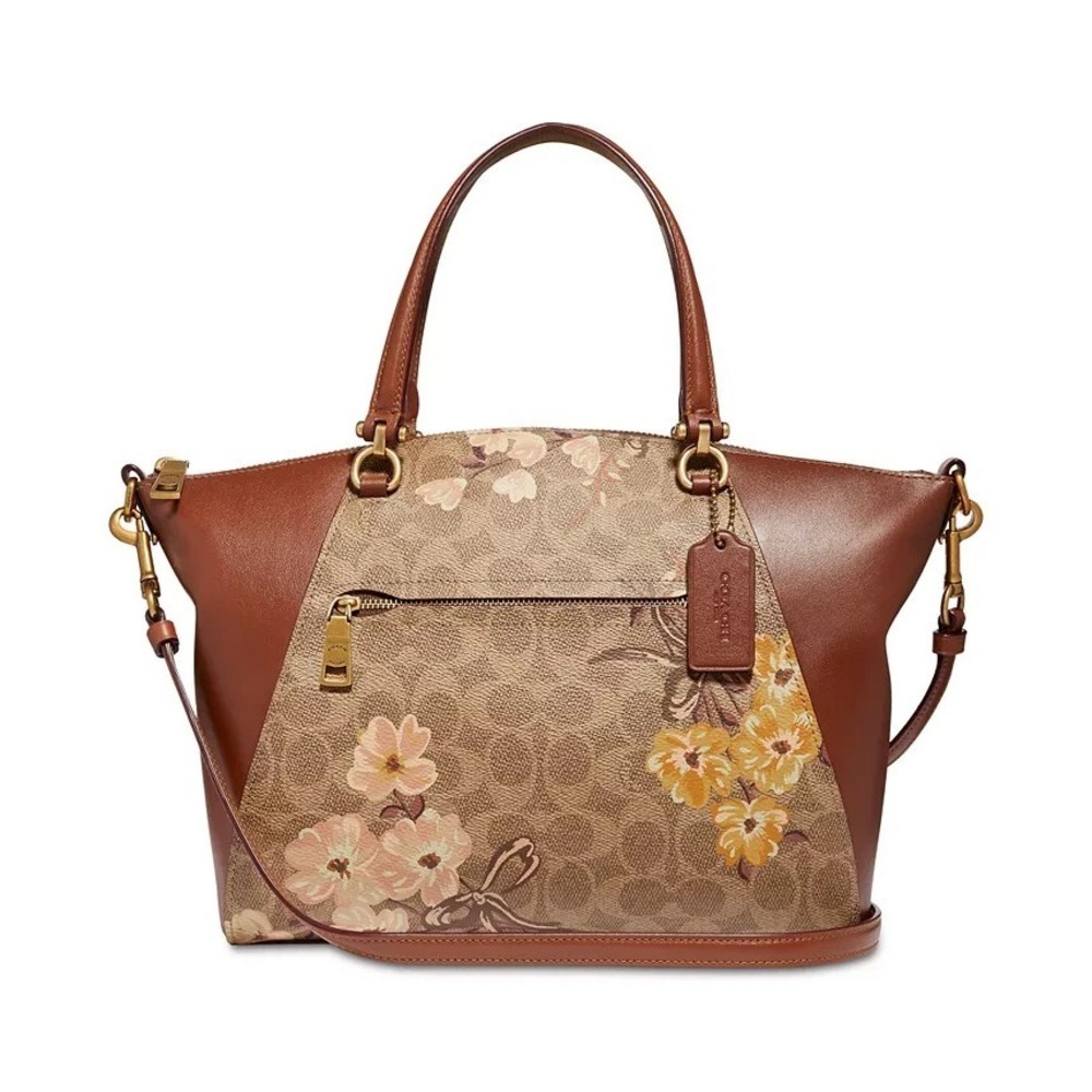 Coach Prairie Floral Signature Satchel / Tan Rust Leather Crossbody Bag NWOT‎